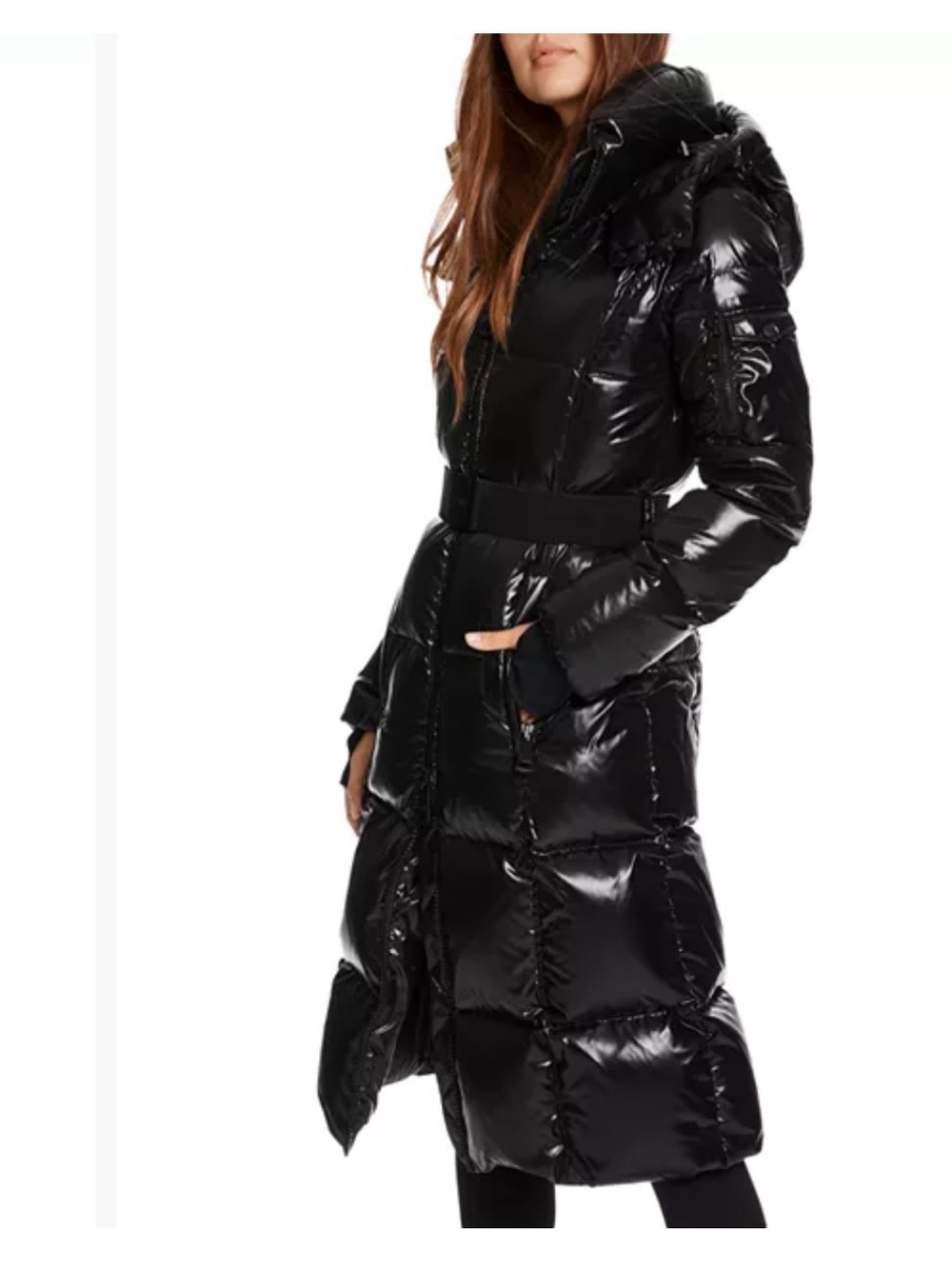 SAM. Glossy Black Long Quilted Belted Puffer with Hood